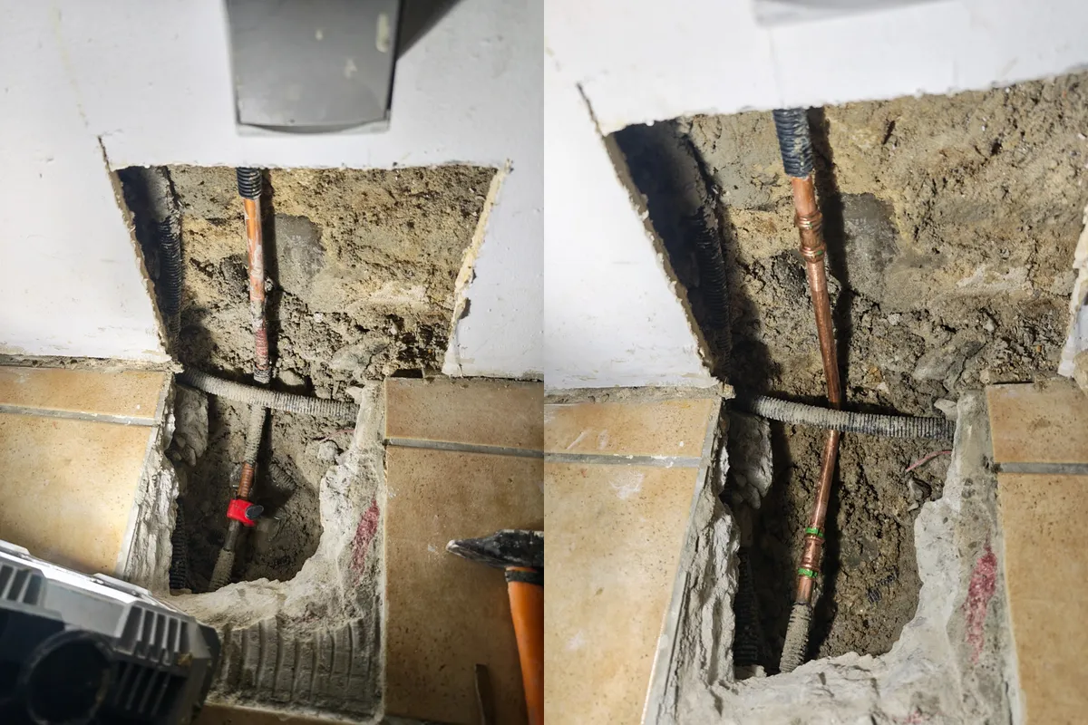 Avant et après : tube en cuivre corrodé sous un sol carrelé ouvert, puis section neuve raccordée par sertissage
