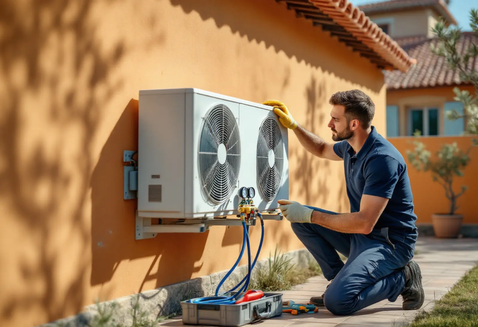 Technicien en polo marine accroupi contre la façade ocre d'une maison, contrôlant une unité extérieure de climatisation reliée à un manifold de manomètres