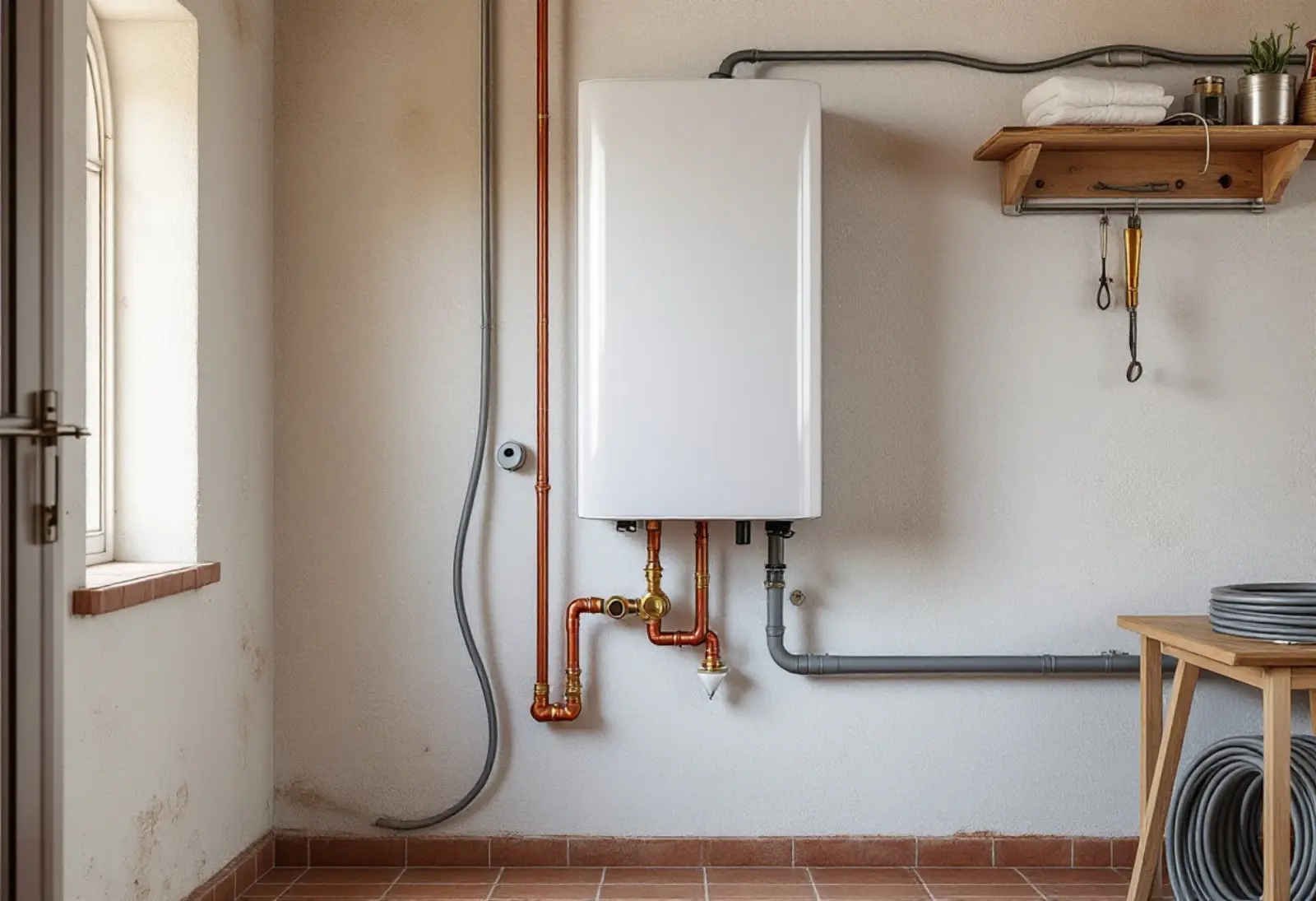 Chauffe-eau électrique blanc neuf fixé au mur d'un cellier carrelé de tomettes, raccordé en cuivre, groupe de sécurité en laiton et entonnoir d'évacuation sous le ballon